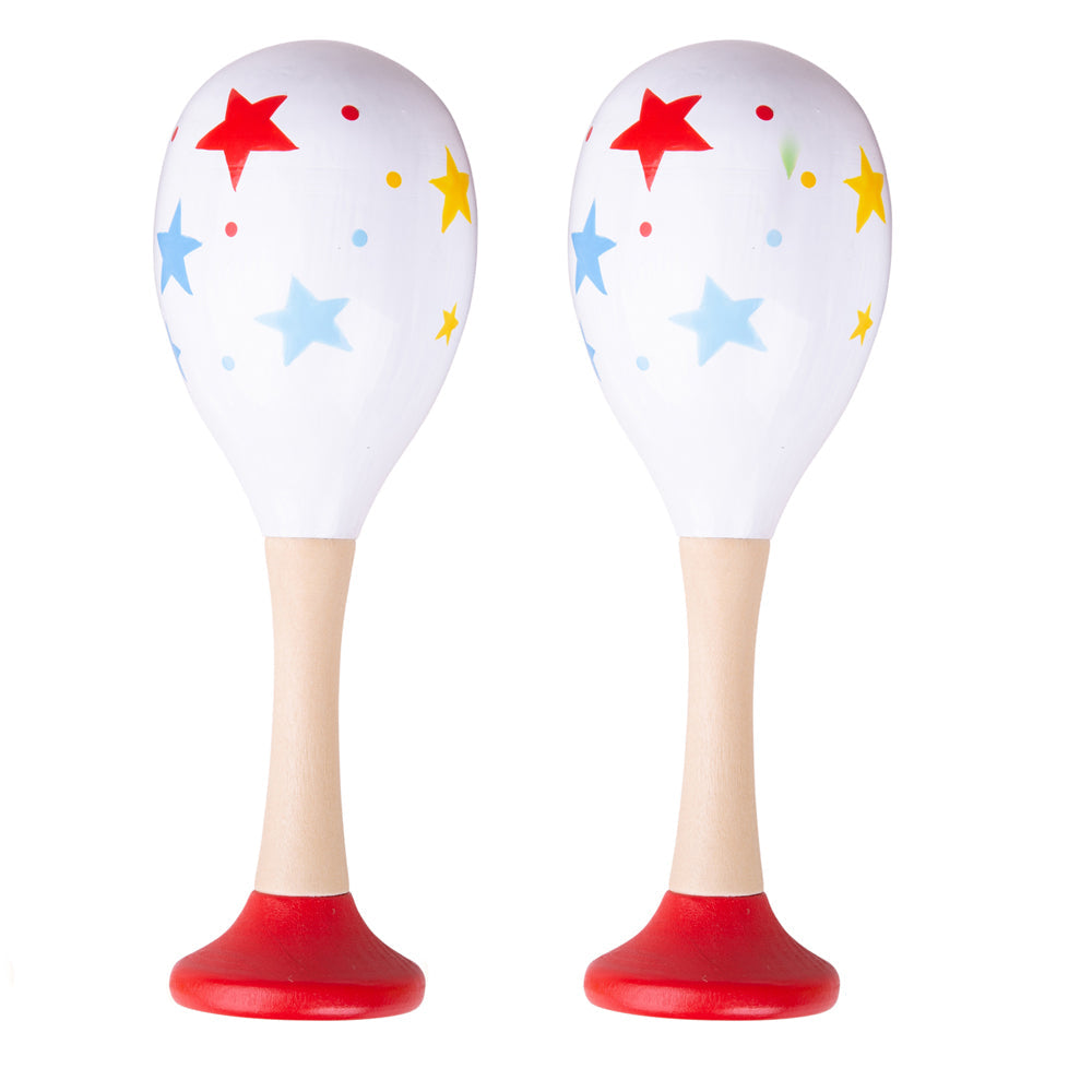 Shaker Maraca, Based on the world's most popular shaken instrument, this wooden maraca makes a pleasant and instantly familiar rattle noise when it's moved from side-to-side. The Wooden Shaker Maraca is decorated with a variety of brightly coloured decorative stars and features a natural wood handle. There are three different designs available, so order more than one Shaker Maraca if you'd like to receive an assortment. The colourful star print pattern on our maracas is engaging for children, and the maraca