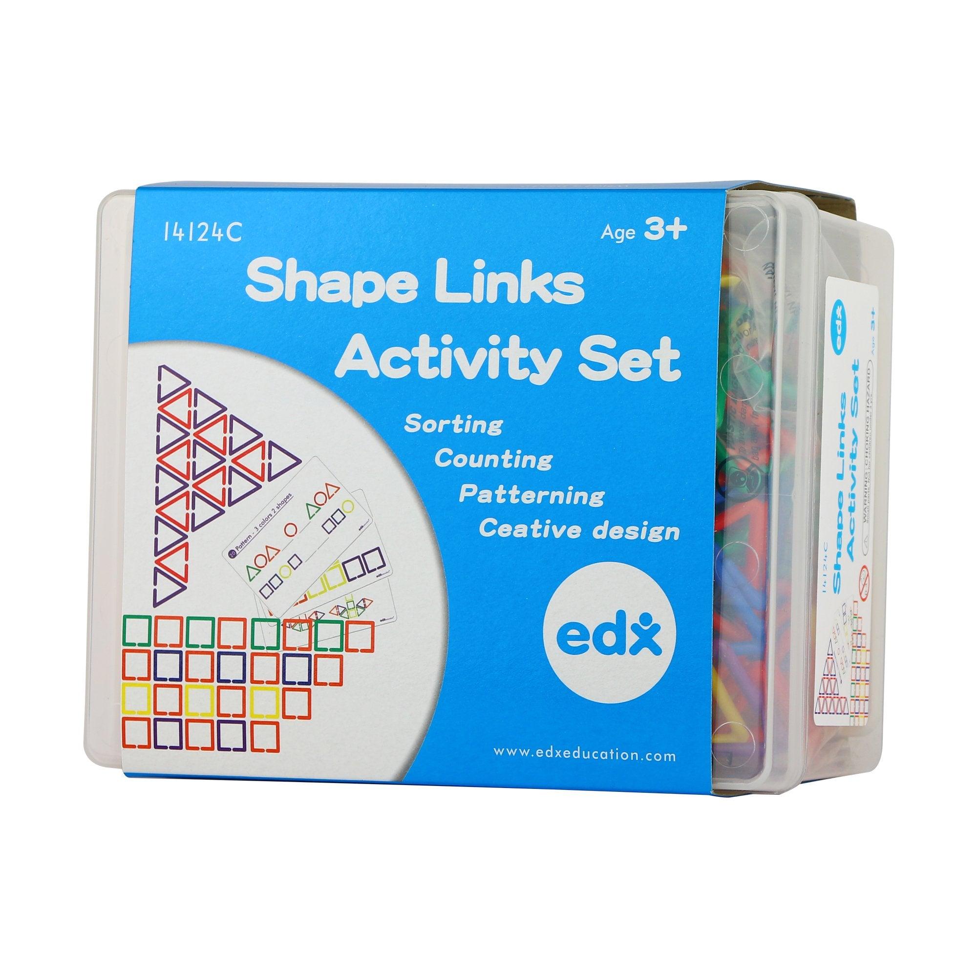 Shape Links Activity Set, Our edx education® Shape Links Activity Set makes learning maths and shapes fun and engaging. With 360 links in 3 different shapes and 6 bright colours, children can connect the shapes together to form interesting geometric structures. Ideal for sorting, classifying, pattern making, sequencing and just being creative. Encourages important mathematical skills such as logical thinking, reasoning and numeracy. Supplied with 20 double sided activity cards for inspiring ideas. Set inclu