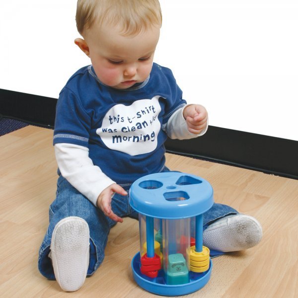 Shape sorter with sound, The Sound Puzzle Box is a shape sorter with 3 different geometrical shapes. Each shape shows a funny face which makes a squeaky noise as it slides to the bottom of the Shape sorter with sound cylinder. This shape sorter helps children learn about shapes and colours, as well as providing plenty of entertainment. The Shape sorter with sound is great for: Colour and shape recognition Fine motor skills Attention and listening What you should know: Match each shape to the right place and
