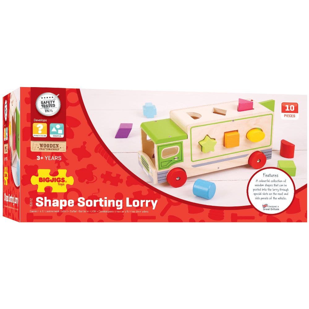 Shape Sorting Lorry, These brightly coloured wooden shapes can be posted into the Shape Sorting Lorry through special slots on the roof and side panels of the vehicle. Discuss the shapes and colours then post each one through the correct slot. Once the shapes are all inside, make sure the rear tailgate is closed and whizz the lorry along to the next play stop. Shape Sorting Lorry Encourages mobility and dexterity. Made from high quality, responsibly sourced materials. Conforms to current European safety sta