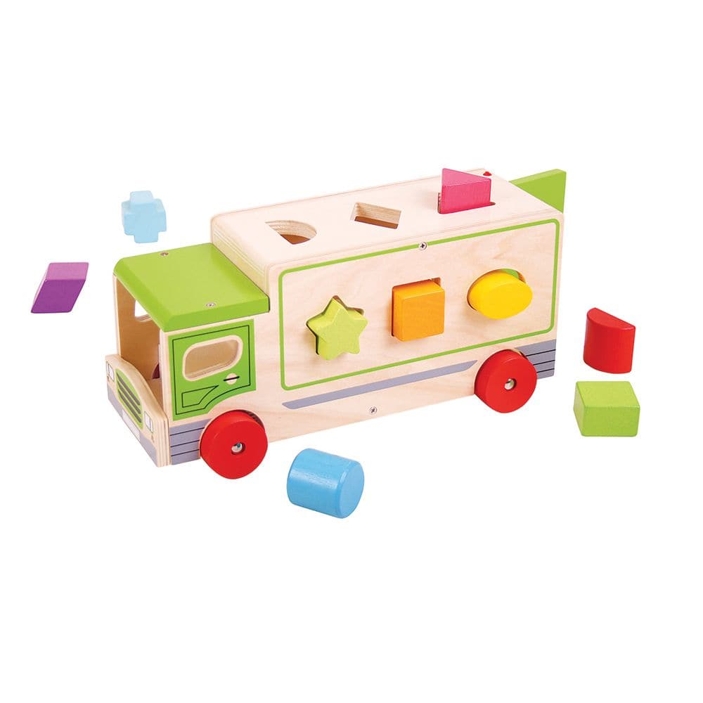 Shape Sorting Lorry, These brightly coloured wooden shapes can be posted into the Shape Sorting Lorry through special slots on the roof and side panels of the vehicle. Discuss the shapes and colours then post each one through the correct slot. Once the shapes are all inside, make sure the rear tailgate is closed and whizz the lorry along to the next play stop. Shape Sorting Lorry Encourages mobility and dexterity. Made from high quality, responsibly sourced materials. Conforms to current European safety sta