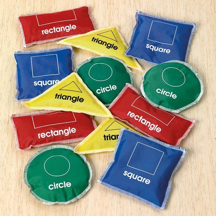Shapes Bean Bags, The Shapes Bean Bags Pack of 12 contains shape bean bags which can reinforce an understanding of shape through symbols, words and the shapes of the beanbags themselves. The Shapes Bean Bags are ideal for throwing and catching games whilst identifying shapes. The name of each shape is stitched onto one side. Each Shapes Bean Bags is a different colour and shape. Features of the Shapes Bean Bags Size of numbers 110 x 110mm, Size of square beanbag 130 x 130mm. Pack of 12 supplied, Shapes Bean
