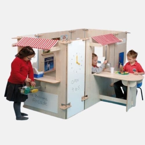 Shopping Arcade Play Panel Set - Maple, This interactive Shopping Arcade Play Panel Set encourages role play and social skills, children can transform into characters such as shop keeper, customer or waitress.The Shopping Arcade Play Panel Set is a great tool for socialising in the classroom! Shopping Arcade Play Panel Set comprises of: 1 x 490mm wide Dry wipe Panel with Petrol pumps . 1 x 1000mm wide Panel with door and window . 1 x 1000mm wide panel with canopy and table extension . 1 x 490mm wide Panel w