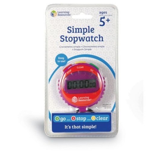 Simple Stopwatch, On your mark get set.go! Great for races, games and other timed activities, this simple stopwatch is easy to use, making it perfect for both children and adults. The Easy-to-use simple stopwatch has a chunky design which is ideal for small hands with three Simple button functions; green for go, red for stop and yellow for clear Learning Resources Simple Stopwatch The Large digital display on the Simple Stopwatch shows minutes, seconds and 1/1000 seconds The Simple Stopwatch requires one 1.