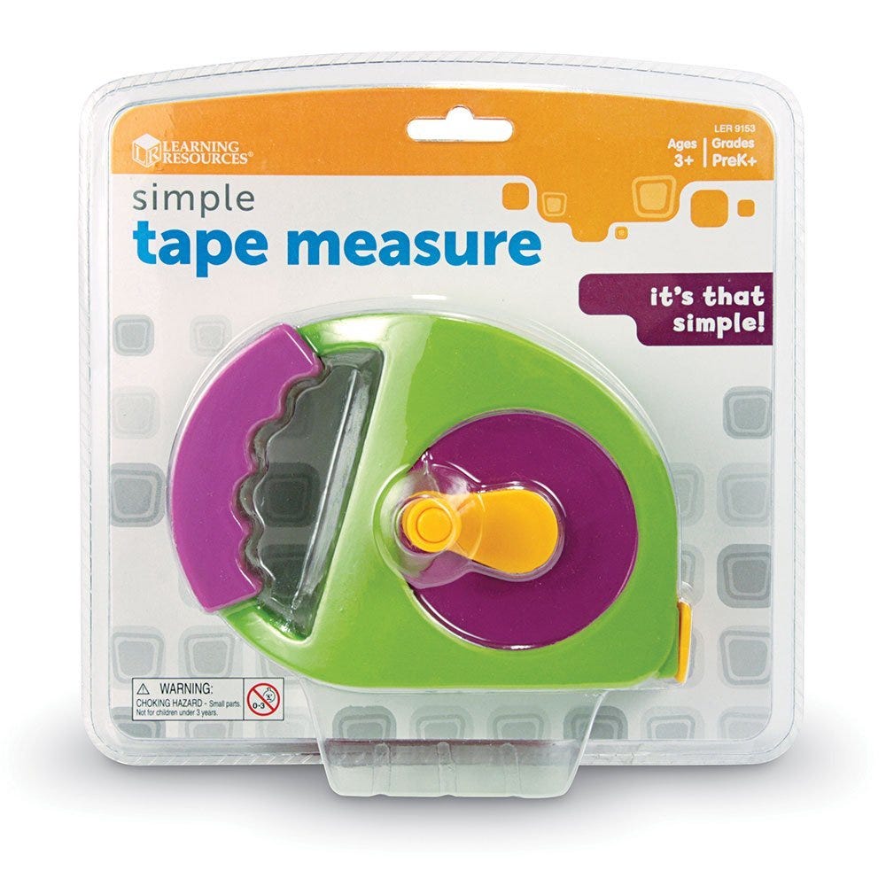 Simple Tape Measure, The Simple Tape Measure is a versatile tool that is perfect for little explorers and doers. Designed with children in mind, this manual-wind tape measure is the perfect size for small hands to operate.With its appealing and contemporary design, this tape measure is sure to capture the attention and imagination of children. The simplified features make it easy for them to understand and use. On one side of the tape, they will find inches and feet markings, while on the other side, there 