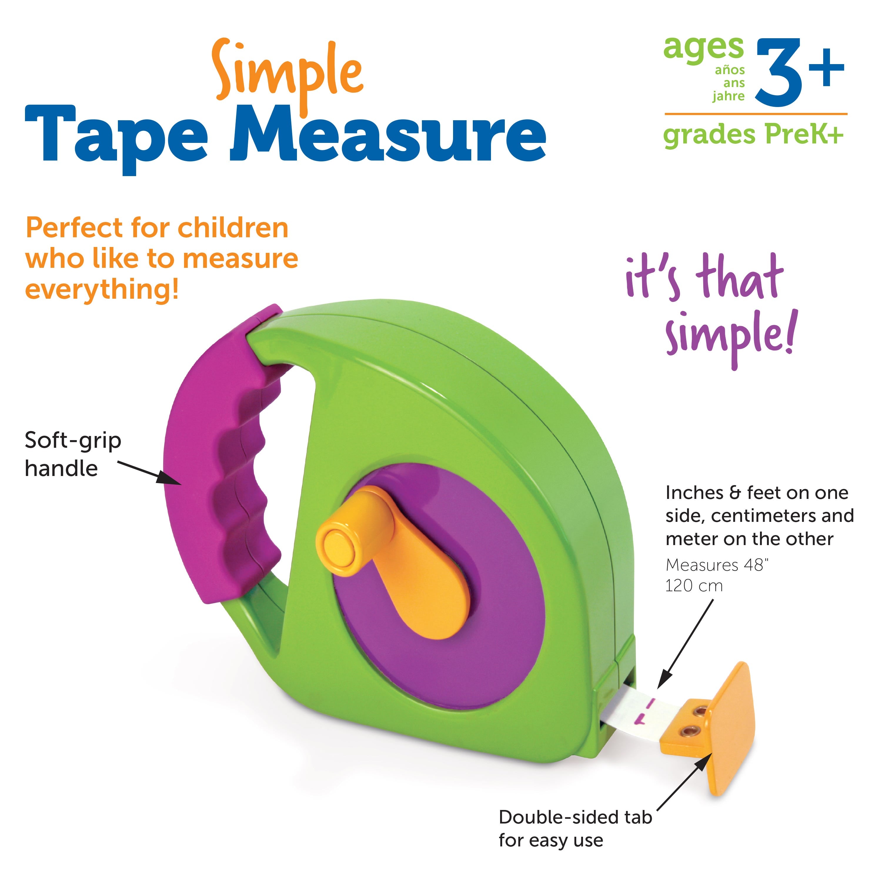 Simple Tape Measure, The Simple Tape Measure is a versatile tool that is perfect for little explorers and doers. Designed with children in mind, this manual-wind tape measure is the perfect size for small hands to operate.With its appealing and contemporary design, this tape measure is sure to capture the attention and imagination of children. The simplified features make it easy for them to understand and use. On one side of the tape, they will find inches and feet markings, while on the other side, there 