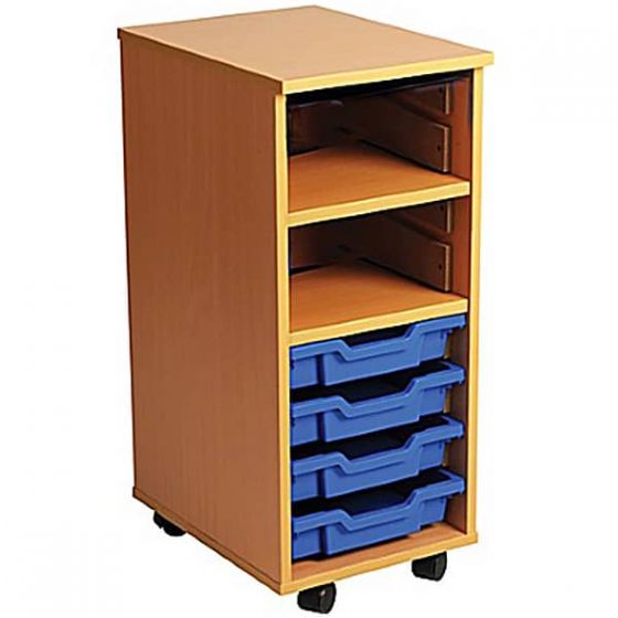 Single Bay Mobile Art Storage Combi Unit with 4 Trays, A single bay mobile art combi storage unit with 4 shallow Gratnells trays and 2 paper shelves ideal for a variety of uses within the classroom, playroom or play area. Delivered fully assembled Made from sturdy 18mm thick MFC (melamine faced chipboard) Choice of beech or maple finish Fully mobile mounted on 4x castors With 2 adjustable shelves Supplied with 4 shallow Gratnells trays in blue, red, greeen or yellow as standard Made in the UK 5 year guarant