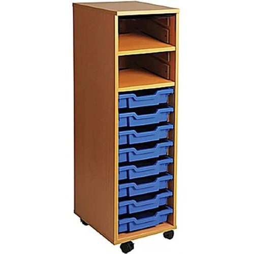 Single Bay Mobile Art Storage Combi Unit with 8 Trays, A single bay mobile art storage unit which features 8 Gratnells trays and 2 shelves suitable for essential supplies like paper and card. Perfect for a variety of storage purposes within the many environments like offices, libraries, classrooms and play areas. Delivered fully assembled and ready for use. Made from sturdy 18mm thick MFC (melamine faced chipboard) Choice of beech or maple finish Fully mobile mounted on 4x castors With 2 adjustable shelves 
