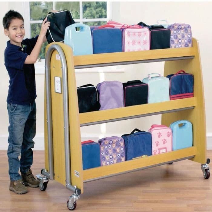 Single Lunchbox Trolley, Grumbling tummies equals unhappy children, so make the lunchtime scramble less frenzied and more efficient with this double-sided lunchbox trolley. The Tuf2™ Single Lunchbox Trolley has capacity for up to 30 lunch bags, children can neatly store their lunches on arrival and quickly find them again at dinner time. The Tuf2™ Single Lunchbox Trolley has three large shelves with centre divides and is easily accessible from both sides. The four robust castors means it can be moved out of