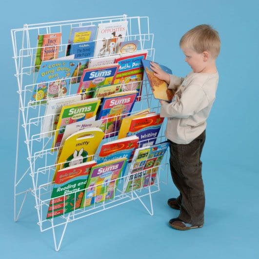 Single Sided Floor Standing Book Rack, This single sided mobile book rack holds books face on and is ideal for moving books between classrooms. The Single Sided Floor Book Rack has a plastic coated finish for easy cleaning. The Single Sided Floor Standing Book Rack is a great value book storage solution for any classroom or early years setting. Single-sided floor standing book rack suitable for infants. 11 rows of shelving for storing and displaying books. Can be folded flat for easy storage. Dimensions: W7