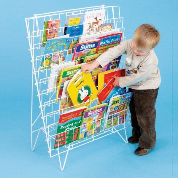 Single Sided Floor Standing Book Rack, This single sided mobile book rack holds books face on and is ideal for moving books between classrooms. The Single Sided Floor Book Rack has a plastic coated finish for easy cleaning. The Single Sided Floor Standing Book Rack is a great value book storage solution for any classroom or early years setting. Single-sided floor standing book rack suitable for infants. 11 rows of shelving for storing and displaying books. Can be folded flat for easy storage. Dimensions: W7