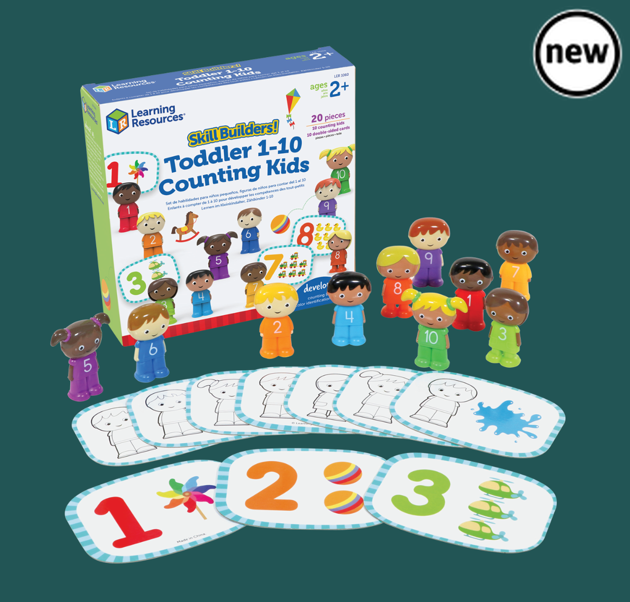 Skill Builders! Toddler 1-10 Counting Kids, Build preschool skills with this toddler counting set that helps little ones learn essential skills including counting and colour recognition. It includes 1 to 10 counters in bright fun colours, and 10 durable double-sided activity cards in a durable case. This early years set is ideal for learning through play at home or in a nursery. The Counting Kids are here to help promote preschool colour and number learning for kids! Set children on the path to school succe