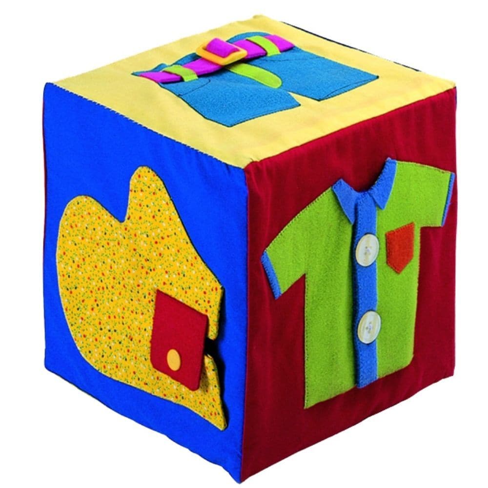 Skills Cube, The Skills Cube is an innovative and educational toy that offers a plethora of benefits for young children. Designed to aid dexterity and enhance practical early years learning, this product is not only fun but also extremely beneficial for your child's development.One of the key features of The Skills Cube is its six different and recognizable fastenings. Each side of this large and soft foam-filled cube boasts a unique dressing skill, including buckle, hook and loop, small buttons, zip, large