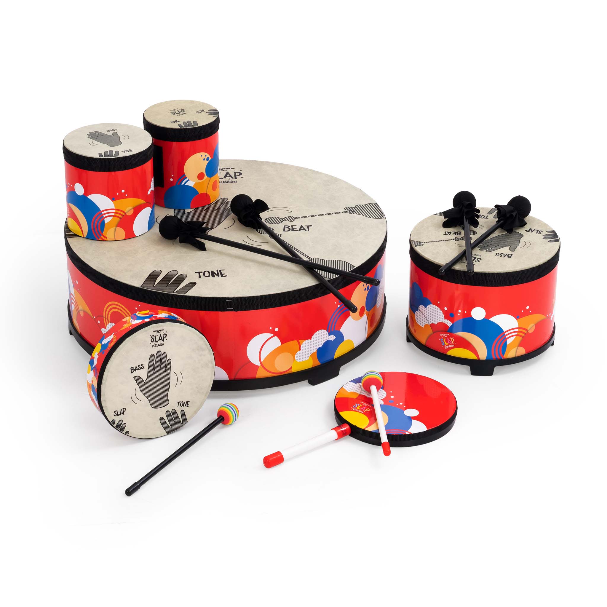 Slap Percussion - pack of 5 drums, The new Slap Drumming range from Percussion Plus is the perfect way to introduce rhythm and time into your music classes and sessions. Whether it's for a large primary school class, sessions at a local music centre or music therapy for any age, the Slap Drumming range gives you the tools you need for smooth running lessons at any ability level. Every drum from Percussion Plus produces a big, booming sound and is lots of fun for anyone aged 5+. All materials and hardware ha