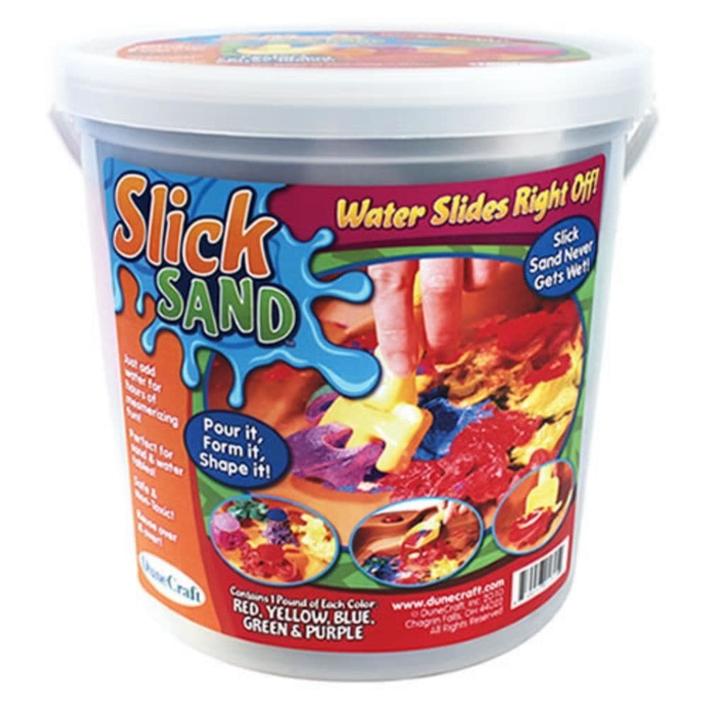 Slick Sand Assorted Giant Tub, Slick Sand truly is the closest thing to soil from Mars that most of us will ever experience. Reddish in color and very dry and dusty, Slick Sand is hydrophobic sand with the same properties as sand on Mars Slick Sand is great for sand and water tables and makes for hours of fun! Slick Sand will not get wet! So when you pour water on it, the water will stay on top and flow, instead of wetting the sand and sinking down as happens with ordinary play sand. It is great to create m