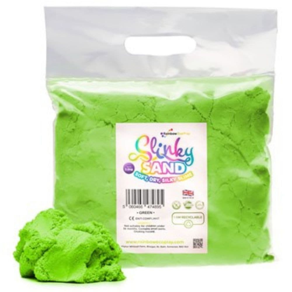 Slinky Sand Green 2.5kg Bag, Dive into the captivating world of sensory delight with the Slinky Sand Green 2.5kg Bag! This special sand is not just your ordinary playground granules; it's a sensory sensation that combines the best of both worlds - the dry texture of sand and the smooth flow of slime. Features and Benefits: Light & Tactile: Experience the mesmerizing sensation of the super light and delightfully tactile slinky sand. It's a hands-on treat for both kids and adults. Enhance Motor Skills: Playin