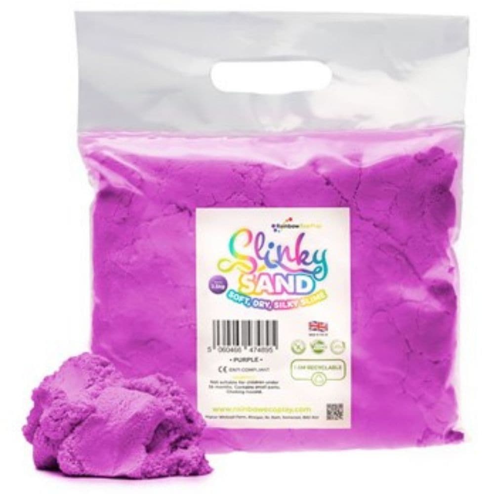 Slinky Sand Purple 2.5kg Bag, Experience a mesmerizing sensory journey with the Slinky Sand Purple 2.5kg Bag. This incredible product is unlike any other, offering the fascinating properties of both sand and slime. Despite its dry composition, watch in awe as it flows effortlessly like liquid slime, providing hours of tactile exploration. Benefits & Features: Sensory Delight: Its unique texture is soft and fluffy, a delight for the fingers, making it an outstanding sensory resource. Skill Development: Slink