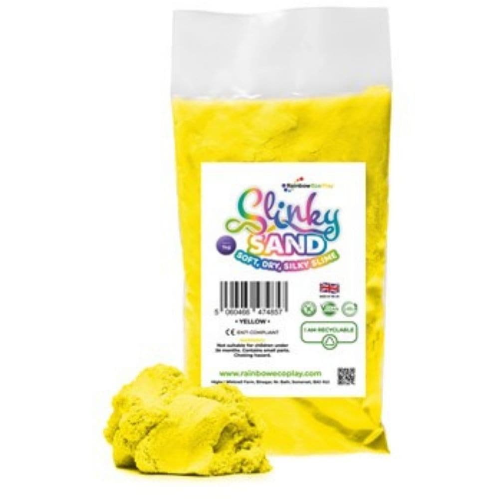 Slinky Sand Yellow 1kg Bag, Discover the magic of sensory play with the Slinky Sand Yellow 1kg Bag. This delightful sand promises hours of fun while fostering essential motor skill development in children. A perfect blend between the fine grains of sand and the intriguing consistency of slime, Slinky Sand offers a unique, hands-on experience. Slinky Sand Yellow 1kg Bag Features: Tactile Wonderland: Light as air, this sand is a joy to touch. Its distinct, soft, and fluffy texture appeals to both young hands 
