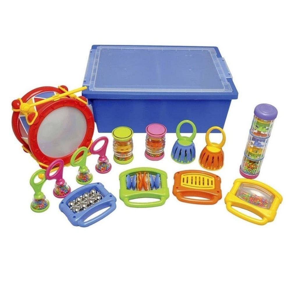 Small Hands Music Set, Introduce the joys of making music to the youngest members of your family or educational setting with the Small Hands Music Set. The Small Hands Music Set is tailored specifically for toddlers and young children, this set serves as an excellent starting point for nurturing a lifelong love for music. Small Hands Music Set Comprehensive Instrumentation: The set includes an array of instruments designed to provide a broad musical experience. From the calming sound of rain sticks to the r