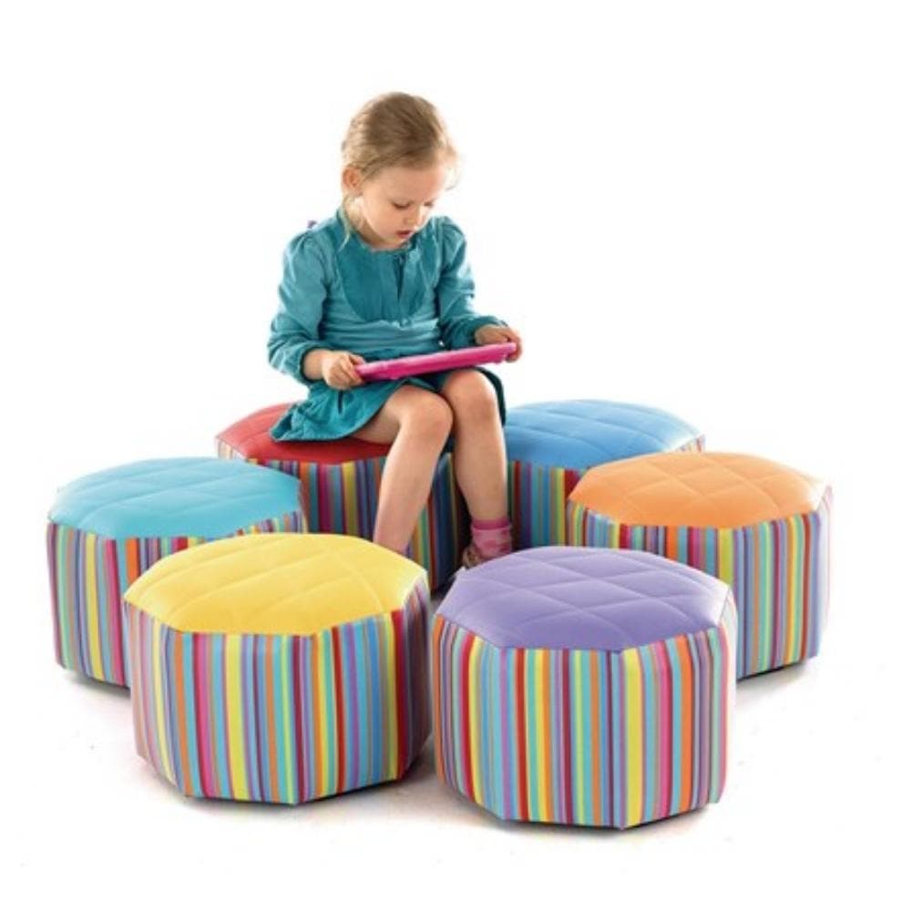 Small Hexagonal Pouffe Set of 6, Introducing our Small Hexagonal Pouffe Set of 6 - the perfect vibrant addition to any early years classroom, reading corner, or play area. Carefully crafted to foster a vibrant and fun educational environment, this set promotes both comfort and durability. Dive into the details that make this set a must-have for nurturing young minds: Small Hexagonal Pouffe Set of 6 Vibrant & Engaging Design Breathe life into early learning settings with our exuberantly striped patterns. The