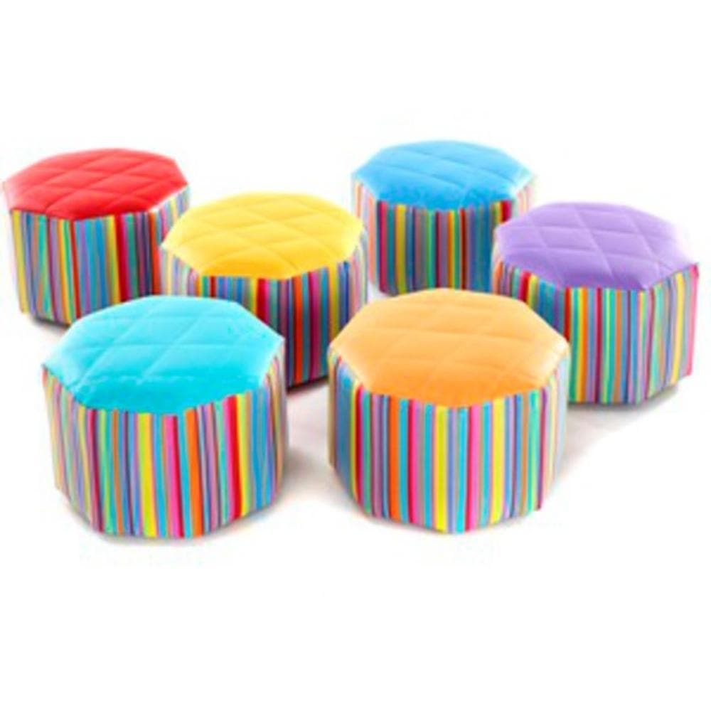 Small Hexagonal Pouffe Set of 6, Introducing our Small Hexagonal Pouffe Set of 6 - the perfect vibrant addition to any early years classroom, reading corner, or play area. Carefully crafted to foster a vibrant and fun educational environment, this set promotes both comfort and durability. Dive into the details that make this set a must-have for nurturing young minds: Small Hexagonal Pouffe Set of 6 Vibrant & Engaging Design Breathe life into early learning settings with our exuberantly striped patterns. The