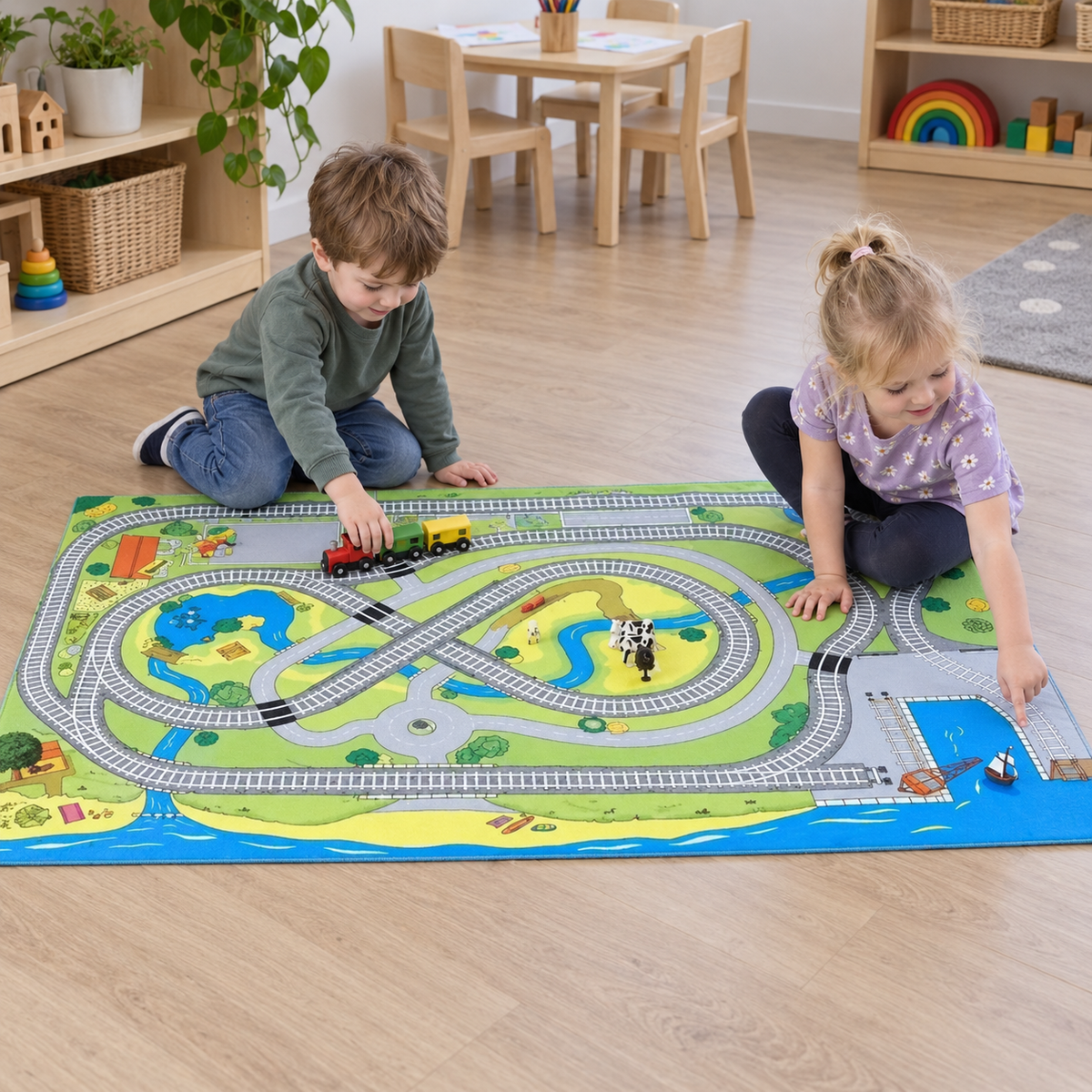 Children exploring Small World Railway Themed Play Mat