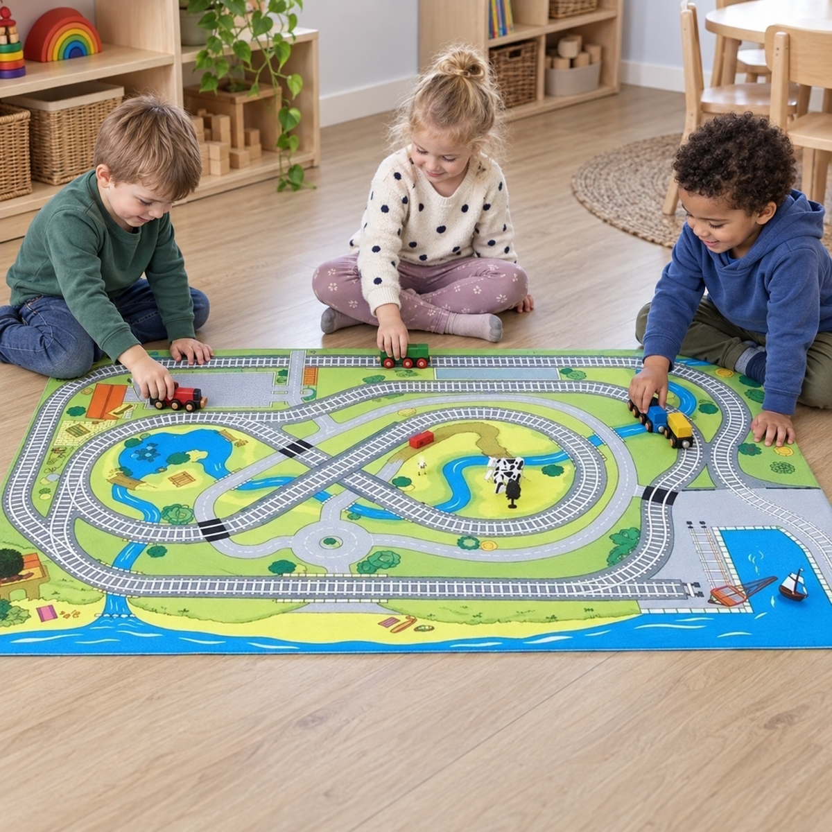 Children using wooden trains on Smallלית_mc