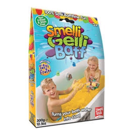 Smelli Gelli Baff Tutti Frutti, Smelli Gelli Baff Tutti Frutti by Zimpli Kids is a totally unique, fun, bathtime product that lets you turn water into goo and back again! There is an added sensory experience as this has a tutti frutti aroma. By adding Smelli Gelli Baff Tutti Frutti powder to water, you can create a thick colourful goo. By simply adding a second ‘dissolver’ powder, the Smelli Gelli Baff Tutti Frutti Goo turns back to coloured water to be drained away safely and easily. 100% safe on skin, man