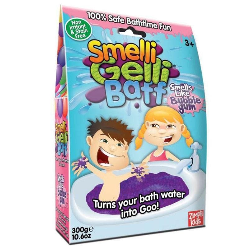 Smelli Gelli Play Bubble Gum, Smelli Gelli Baff Bubblegum by Zimpli Kids is a totally unique, fun, bathtime product that lets you turn water into goo and back again! There is an added sensory experience as this has a bubblegum aroma. By adding Gelli Baff powder to water, you can create a thick colourful goo. By simply adding a second ‘dissolver’ powder, the goo turns back to coloured water to be drained away safely and easily. 100% safe on skin, manufactured in the UK, stain free, non toxic. Age 3 – 10 year