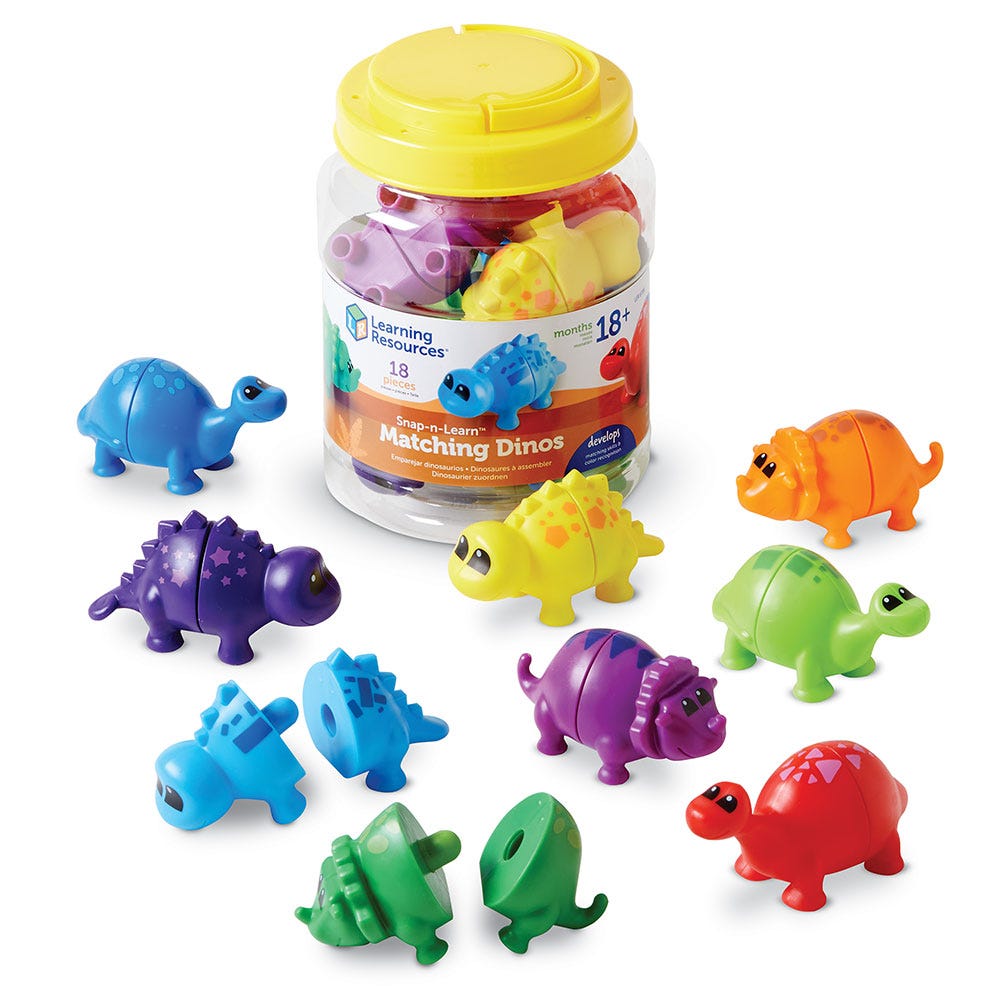 Snap-n-Learn Matching Dinos, The Snap-n-Learn Matching Dinos are the perfect tool to develop fine motor skills and reinforce color and shape recognition in young children. Designed as part of the popular Snap n Learn early skills range, these colorful, two-piece dinos make learning fun and exciting.With printed dinos that are easy for little hands to snap together and pull apart, this activity set encourages a variety of early learning skills. Children will benefit from matching the different pieces, recogn