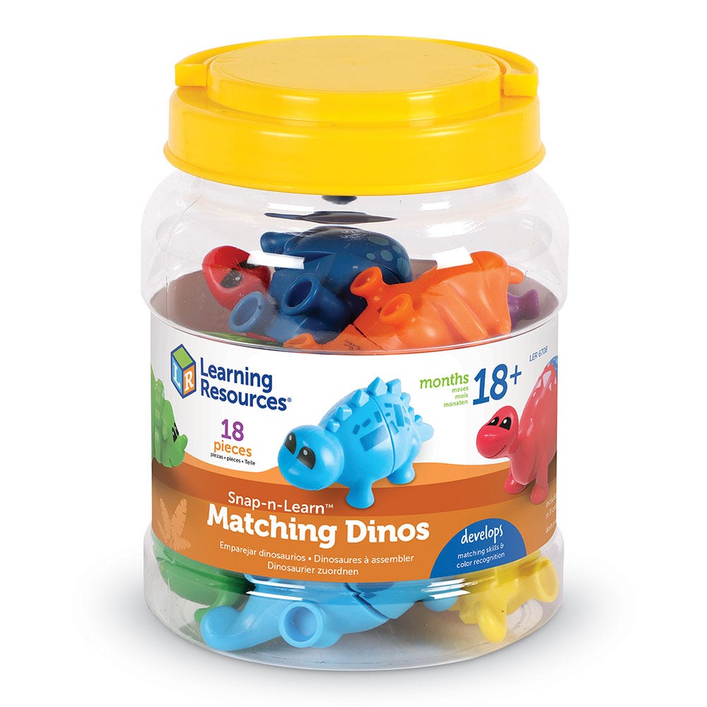 Snap-n-Learn Matching Dinos, The Snap-n-Learn Matching Dinos are the perfect tool to develop fine motor skills and reinforce color and shape recognition in young children. Designed as part of the popular Snap n Learn early skills range, these colorful, two-piece dinos make learning fun and exciting.With printed dinos that are easy for little hands to snap together and pull apart, this activity set encourages a variety of early learning skills. Children will benefit from matching the different pieces, recogn