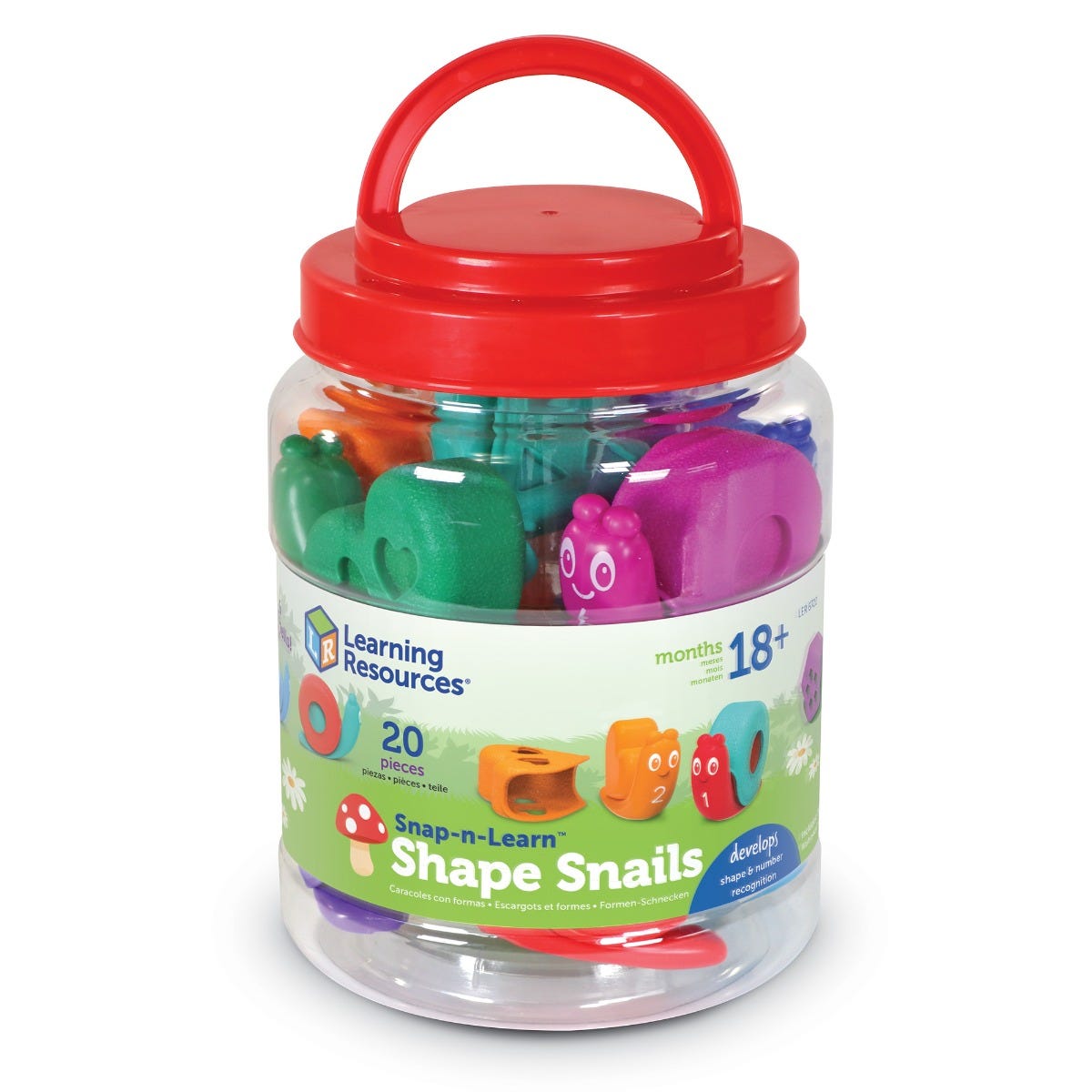 Snap-N-Learn Shape Snails, These friendly Snap-n-Learn snails carry a load of learning on their backs! This colourful 20-piece set includes 10 numbered snails, each with a removable shape shell. There are three ways to learn with these friendly snails: count 1-10; match the shape shells; and learn about colours! As children remove and reposition the tactile shells, they also build hand strength and fine motor skills. When the learning fun is done, the snails store in the convenient storage tub with carry ha