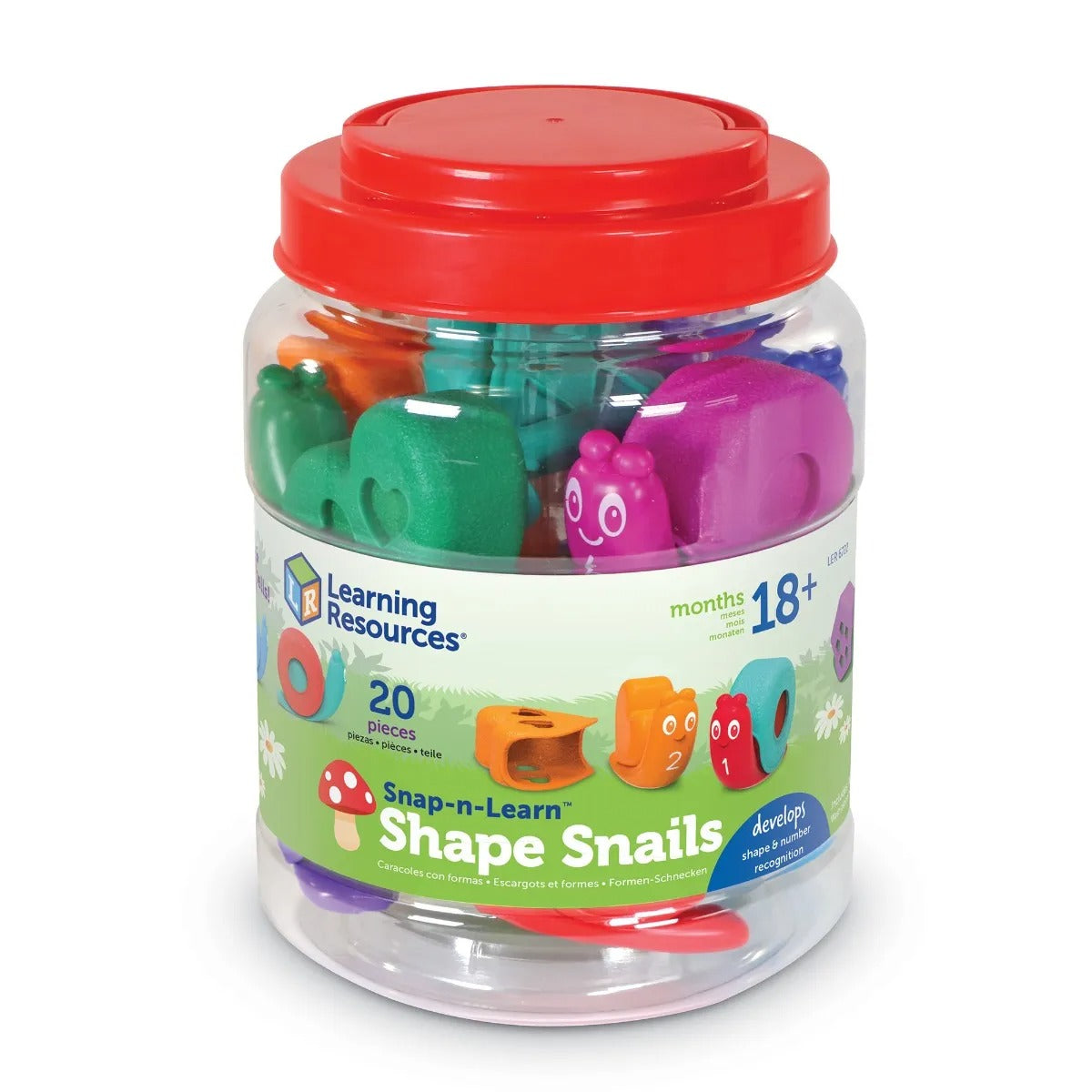 Snap-N-Learn Shape Snails, These friendly Snap-n-Learn snails carry a load of learning on their backs! This colourful 20-piece set includes 10 numbered snails, each with a removable shape shell. There are three ways to learn with these friendly snails: count 1-10; match the shape shells; and learn about colours! As children remove and reposition the tactile shells, they also build hand strength and fine motor skills. When the learning fun is done, the snails store in the convenient storage tub with carry ha
