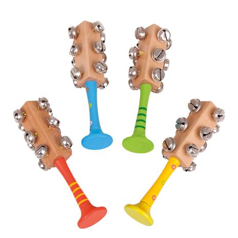 Snazzy Bell Stick, These Snazzy bell sticks are sure to delight little ones as they learn to play along in time to the music, or just enjoy creating a tinkling bell sound. The brightly coloured wooden handles on the Snazzy Bell Stick's are perfectly sized for little hands to grip and shake. The Snazzy Bell Stick acts as an ideal early introduction to sound and rhythm and a great way to encourage creativity through play. The Snazzy Bell Stick also helps to develop dexterity and co-ordination. Made from high 