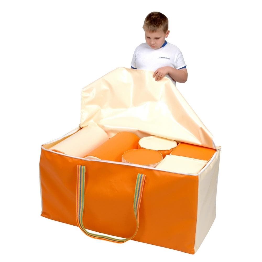 Soft Play Bag Orange and Cream, Our two tone soft play kits have been carefully designed to provide high contrast visual stimulus for both babies and the visually impaired. With their enormous capacity for imaginative projection in play, children can create role-play scenarios using the pieces in an infinite number of ways. The pieces are made of sturdy, hard wearing materials so they can withstand frequent use and extensive play. They are easily wiped clean and come with a handy mesh storage bag. Soft Play