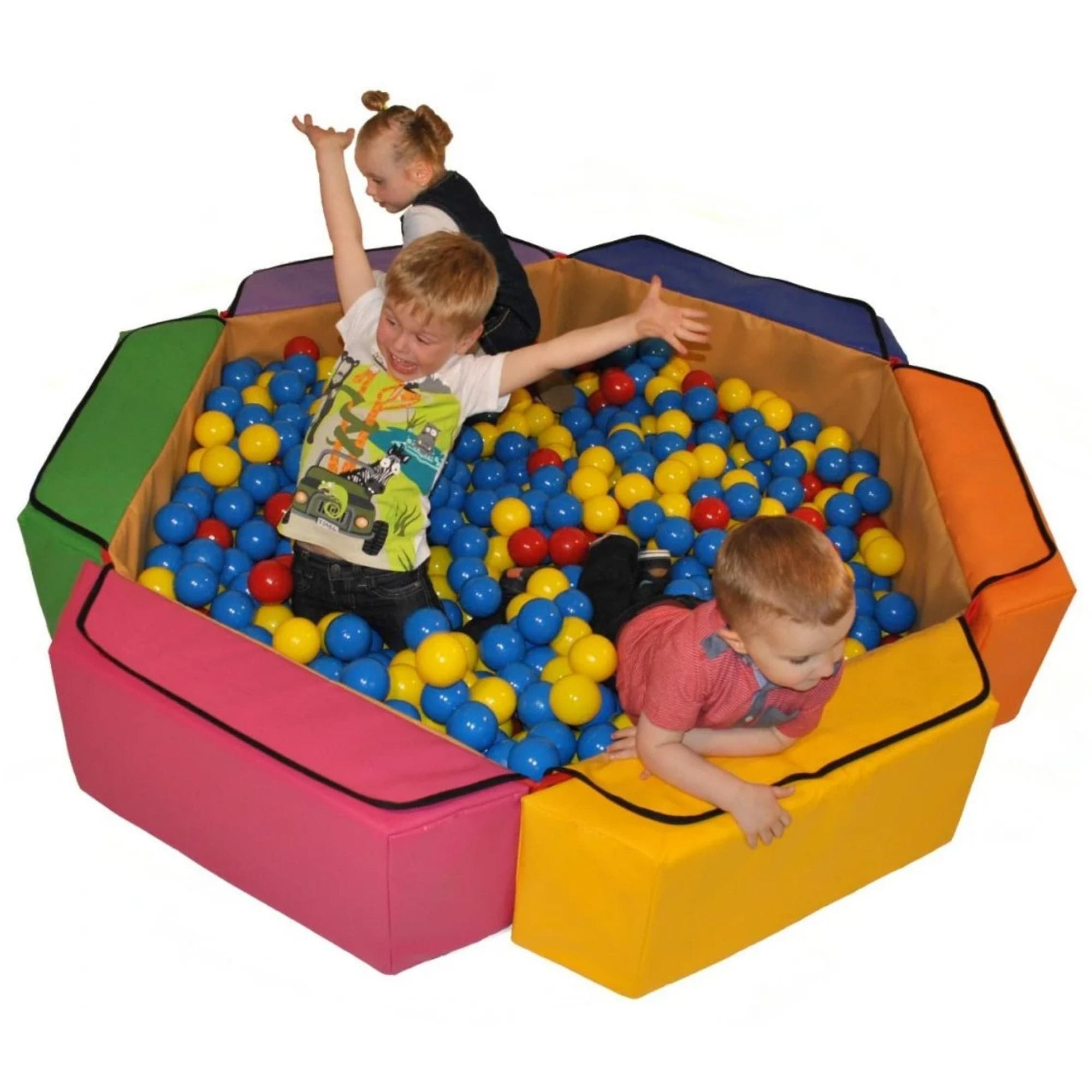 Soft Play Large Hexagonal Ball Pool with 500 Balls, The Hexagonal Ball Pool comes in two sizes and is ideal for any nursery. It can be assembled in seconds using Velcro fixings and provides hours of fun. When not being used as a ball pool, the blocks provide extra fun as a construction set or seating. The balls are contained safely within the ball pool liner for easy storage. It has 500 balls and is ideal for up to 6 children. Made using high quality foam with wipe clean PVC covers, for practicality and a l