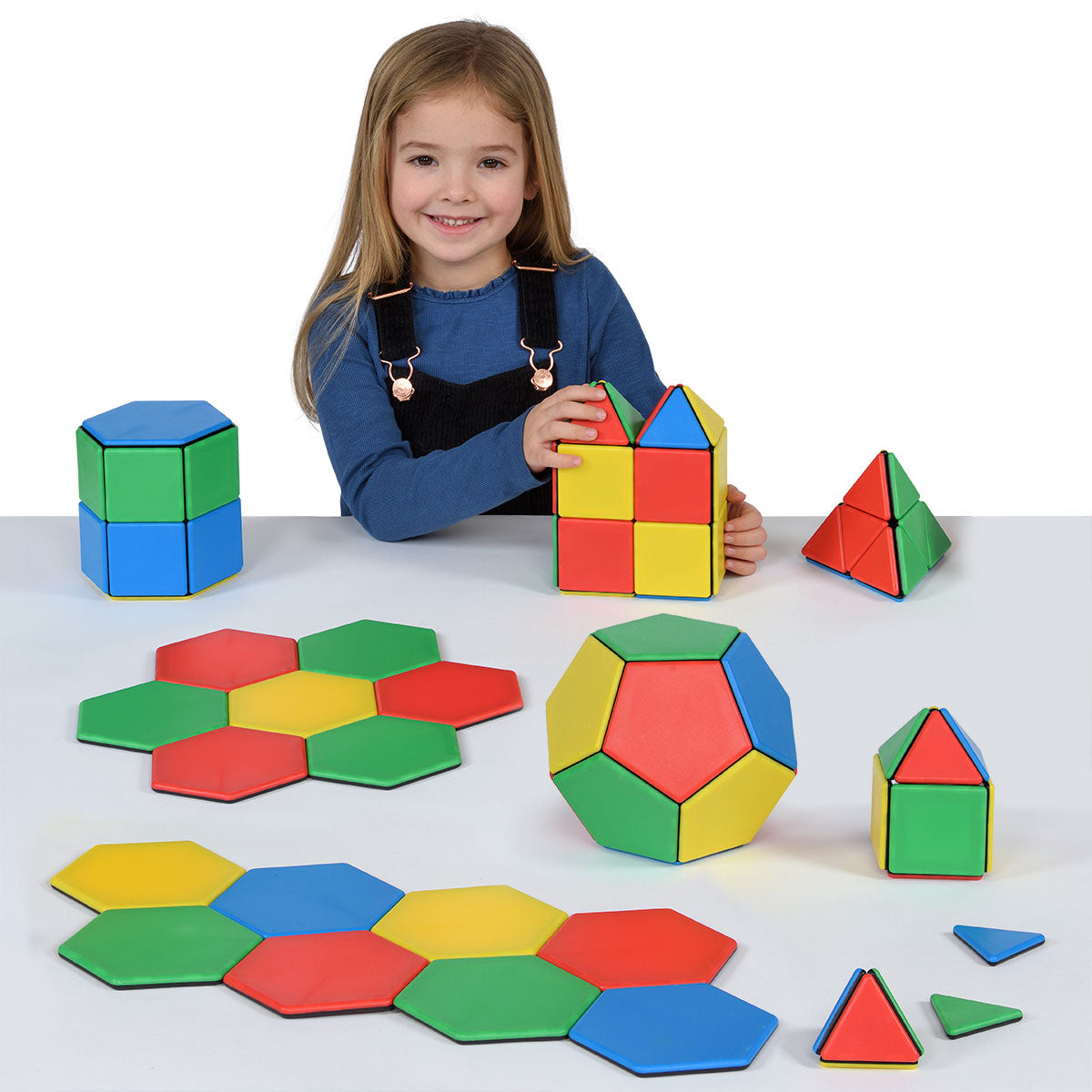 Solid Magnetic Polydron Essential Shapes Set, The Solid Magnetic Polydron Essential Shapes Set is the perfect tool for building complex shapes and teaching geometry, construction, and polarity to larger groups of children. With a total of 104 pieces, including 36 squares, 36 equilateral triangles, 12 pentagons, and 20 hexagons, this set offers endless possibilities for creative exploration.This Solid Magnetic Polydron Essential Shapes Set is ideal for educators and parents looking to engage children in hand