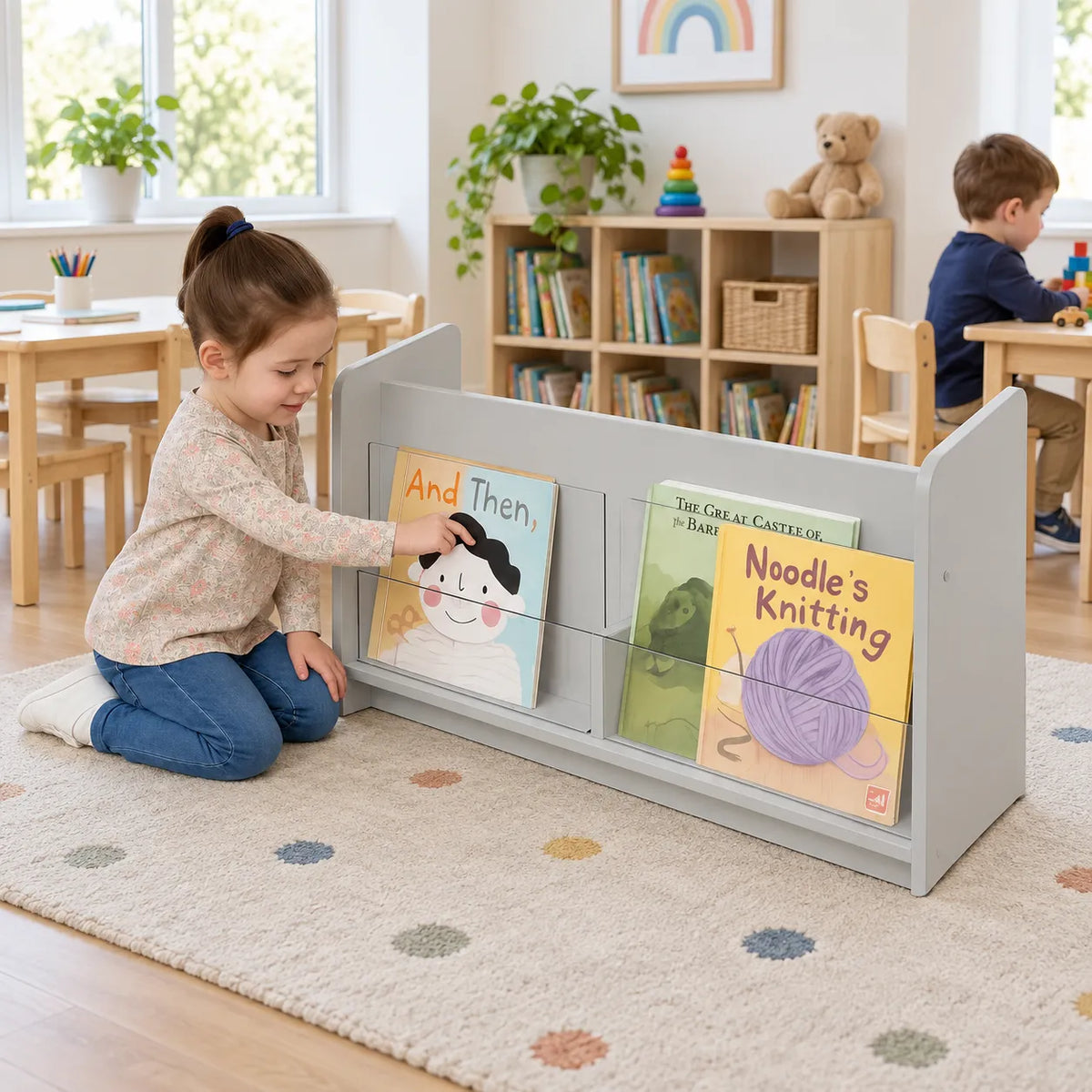 Solway Double Sided Perspex Unit Grey in a bright early years classroom