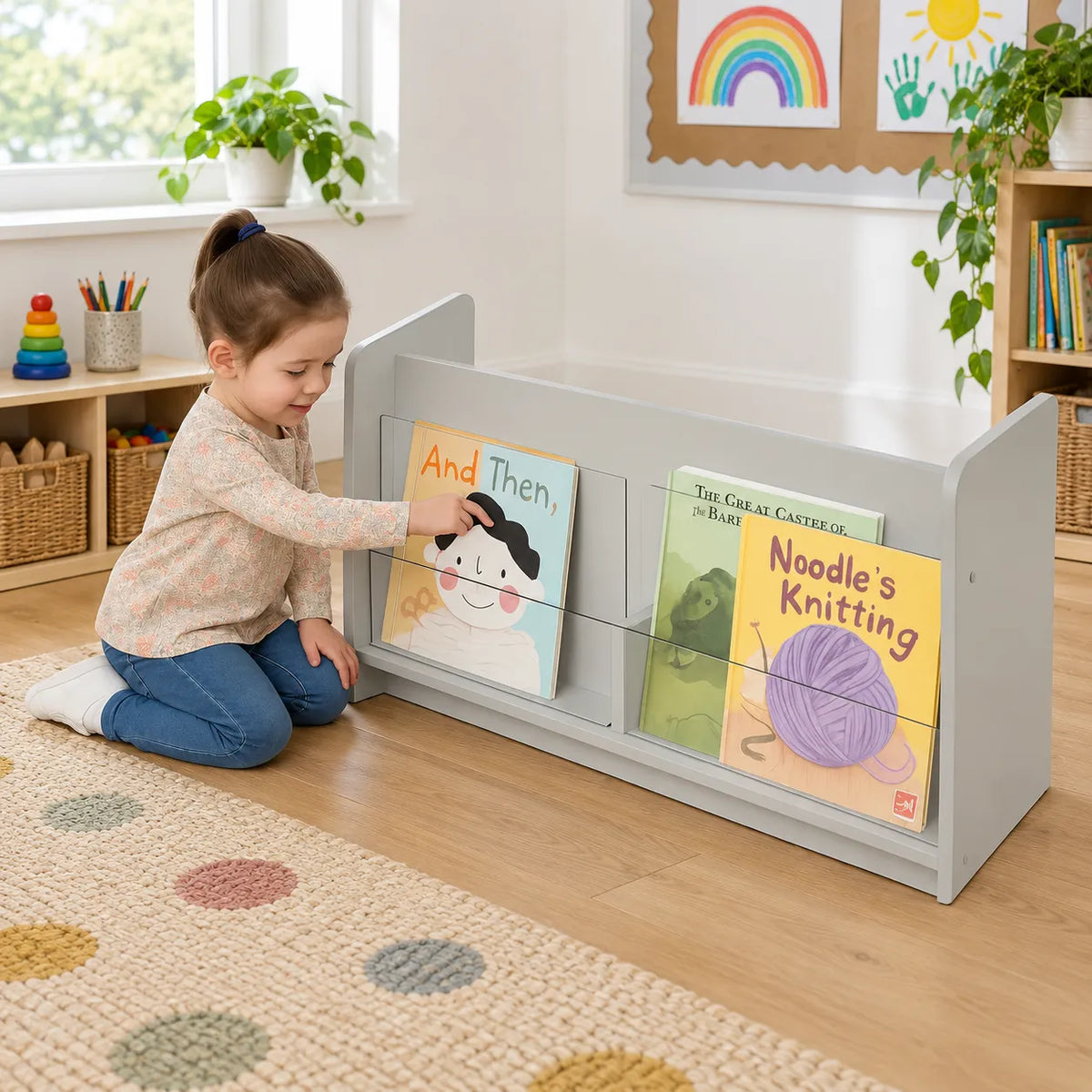 Solway Double Sided Perspex Unit Grey in a bright early years classroom