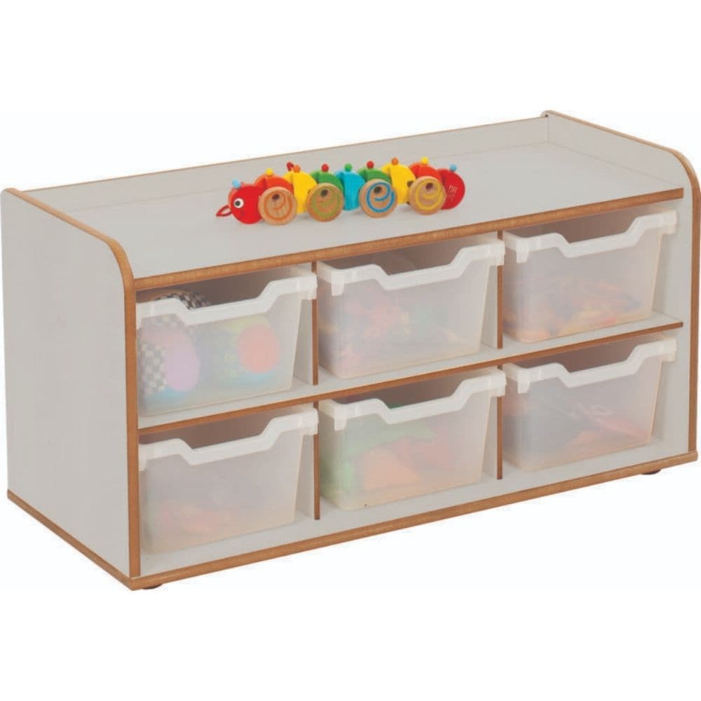 Solway Grey 3 x 2 Tray Unit with Clear Trays, The Solway Grey 3 x 2 Tray Unit is a robust, durable unit, ideally sized for early years. The Solway range includes a quality selection of play, reading and tray storage units. Every unit comes with connectors so they can be attached together. They are designed to be easily accessible, safe and to encourage independence. 8mm & 15mm Covered MDF – ISO 22196 certified antibacterial. Can be free standing or joined to other units in the Solway range using the connect