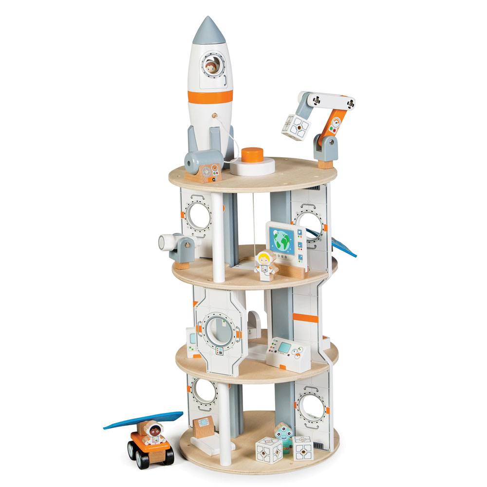 Space Station, Blast off into a universe of wonder with this 22 piece Space Station playset from Tidlo! Send your astronaut into space in the rocket, and as you are nearing your approach jettison the rocket's module and dock with the station's airlocks to climb aboard. Explore the station using the working lift, observe the stars with the telescope and computer equipment, visit the hydroponic garden and get some exercise on the treadmill. Use the space crane to move the storage cubes and samples about the s