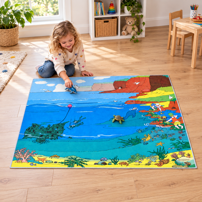 Sealife Playmat 1.5m x 1m showing children playing with separate sea animal figures in an early years play area