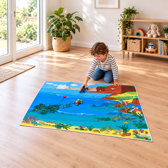 Sealife Playmat 1.5m x 1m showing children playing with separate sea animal figures in an early years play area