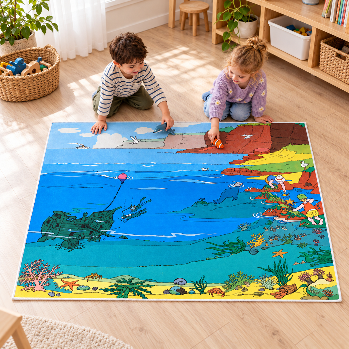 Sealife Playmat 1.5m x 1m showing children playing with separate sea animal figures in an early years play area
