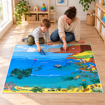 Sealife Playmat 1.5m x 1m showing a child and adult exploring the printed coastal scene in an early years play area