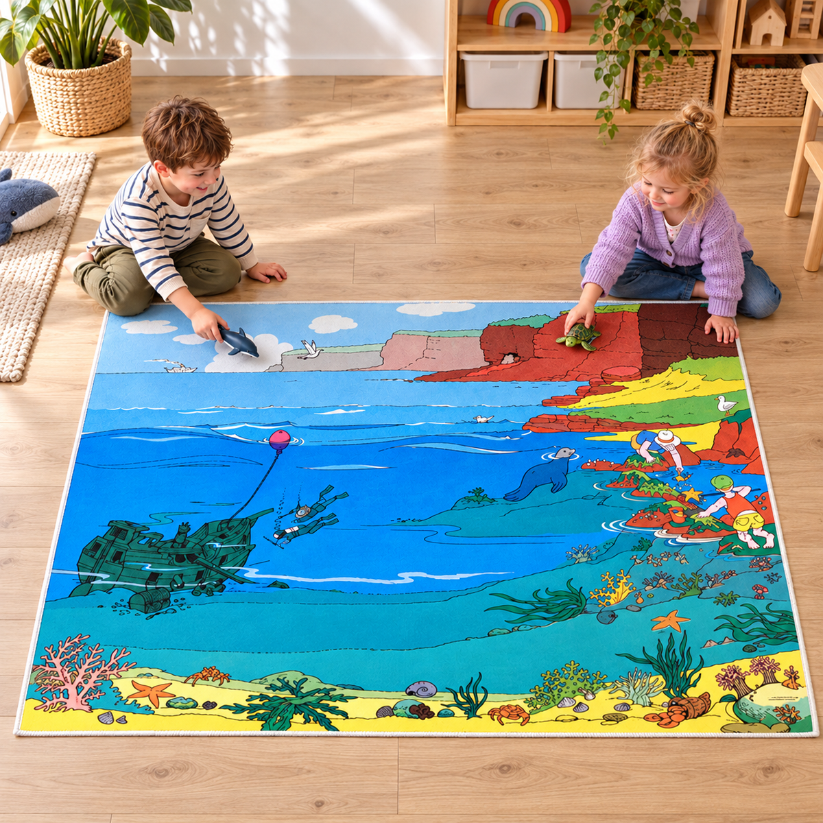 Sealife Playmat 1.5m x 1m showing children playing with separate sea animal figures in an early years play area