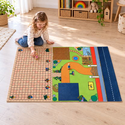 Doll's House Playmat 1.5m x 1m in an early years setting with children playing with separate small world figures