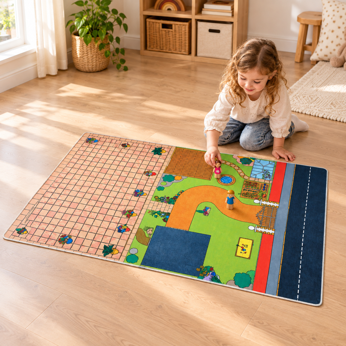 Doll's House Playmat 1.5m x 1m in an early years setting with children playing with separate small world figures