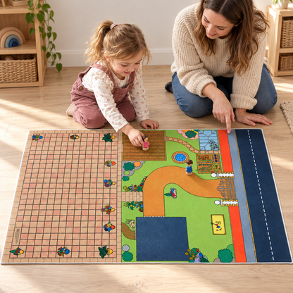 Doll's House Playmat 1.5m x 1m in an early years setting with a child and adult exploring the garden scene