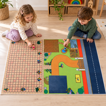 Doll's House Playmat 1.5m x 1m in an early years setting with children playing with separate small world figures